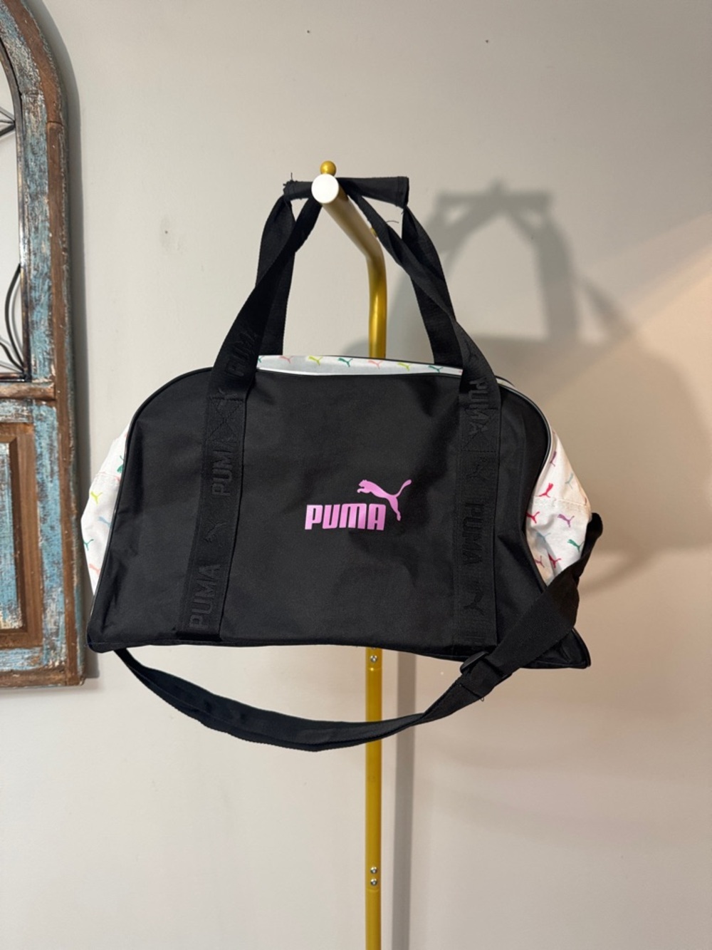 Puma Black Duffel Bag with Pink Logo and White Accents EUC